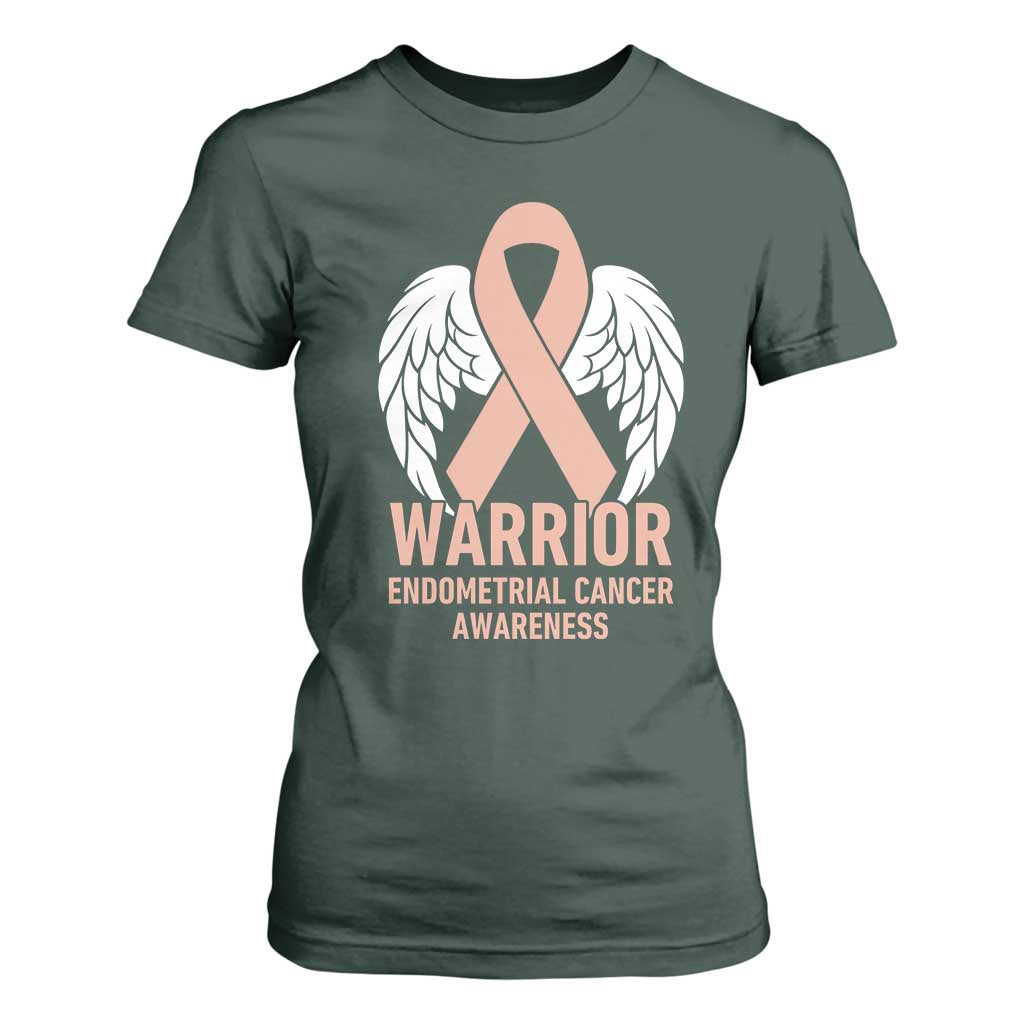 Endometrial Cancer Warrior T Shirt For Women Peach Ribbon Angel Wings Support