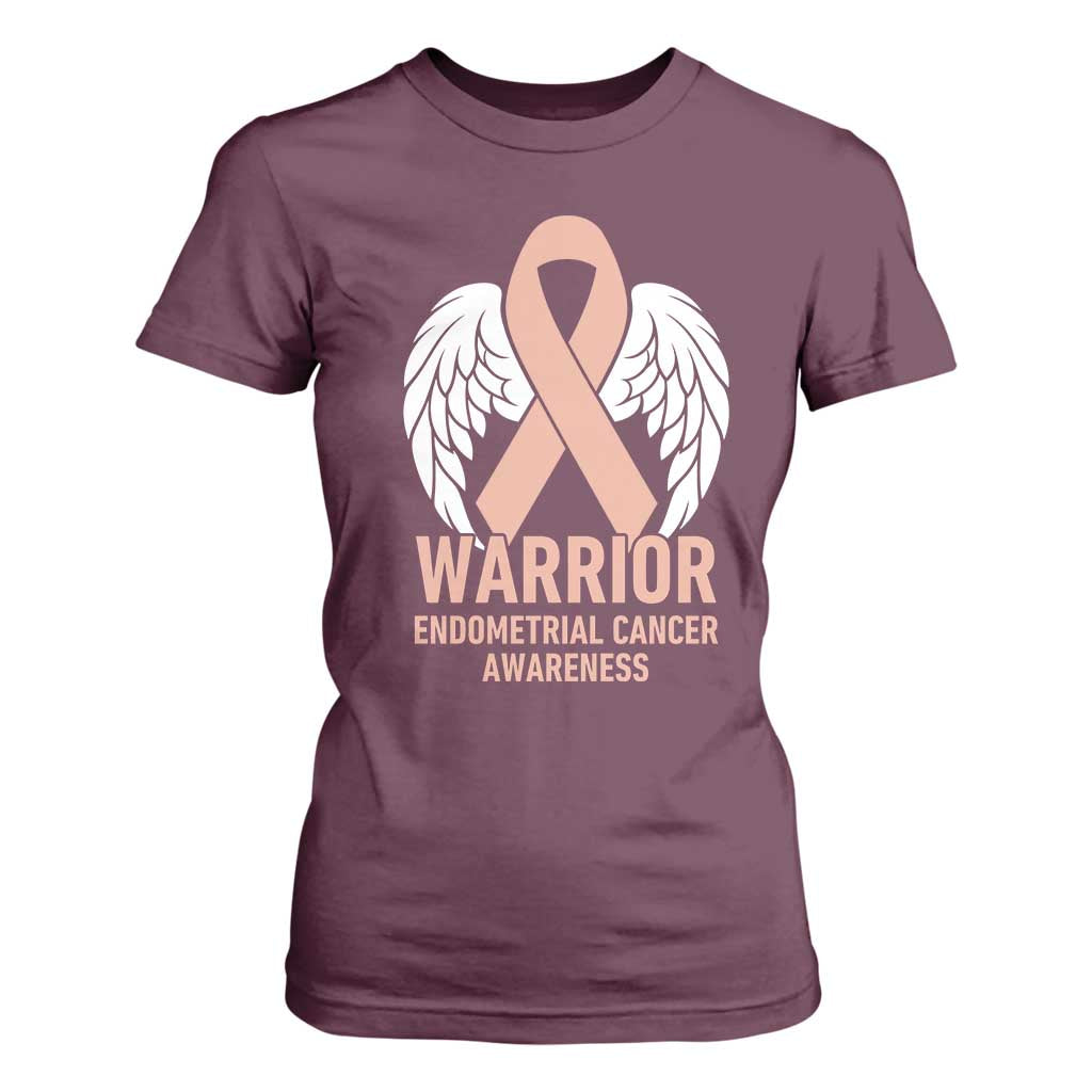 Endometrial Cancer Warrior T Shirt For Women Peach Ribbon Angel Wings Support