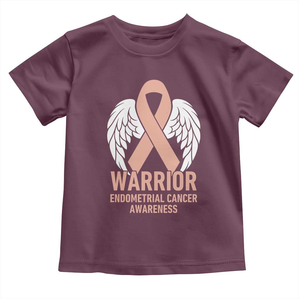 Endometrial Cancer Warrior Toddler T Shirt Peach Ribbon Angel Wings Support