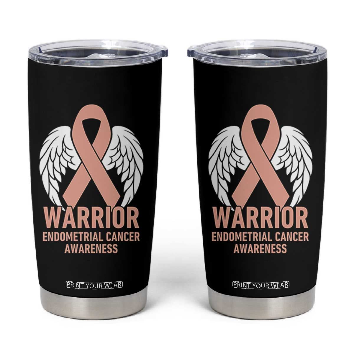 Endometrial Cancer Warrior Tumbler Cup Peach Ribbon Angel Wings Support