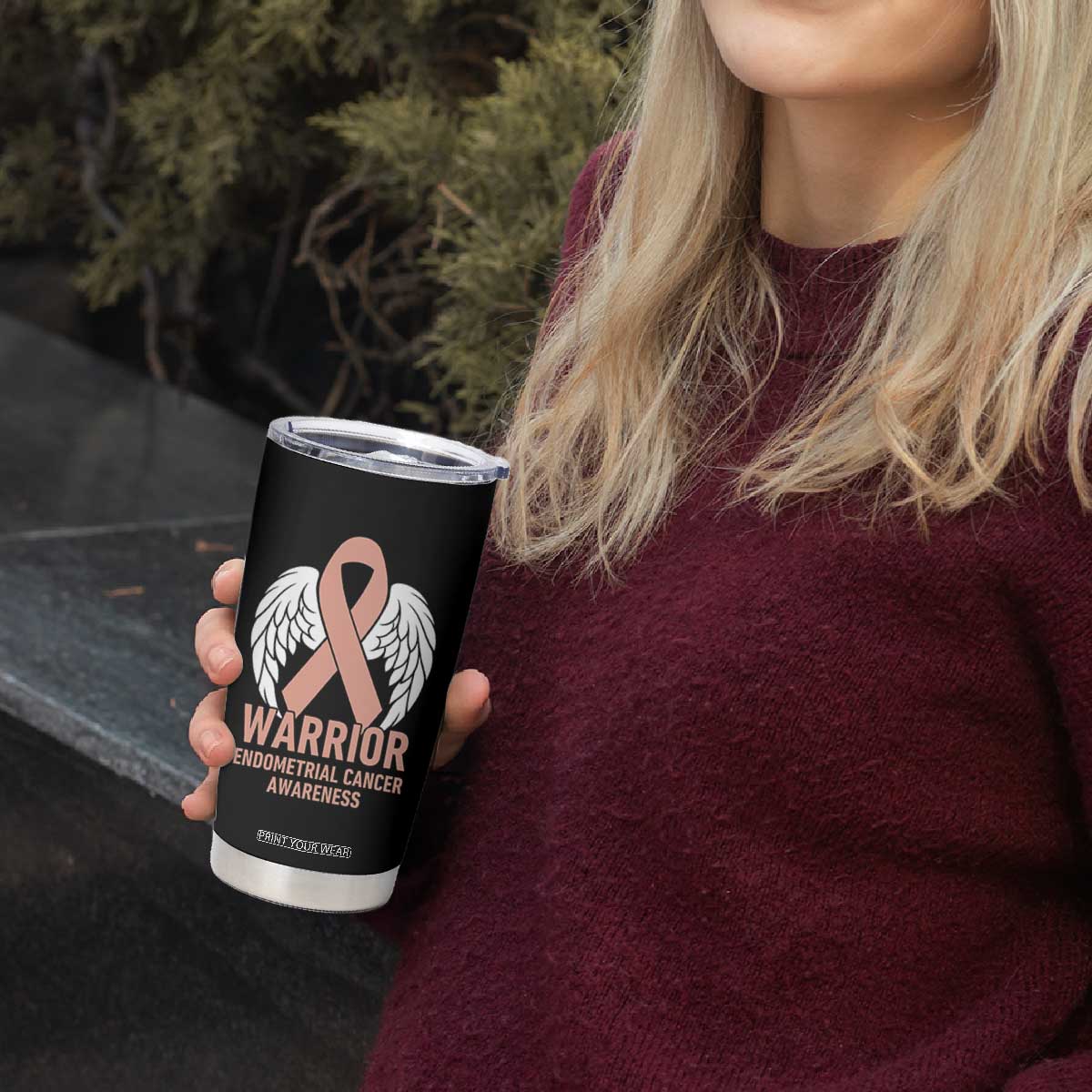 Endometrial Cancer Warrior Tumbler Cup Peach Ribbon Angel Wings Support