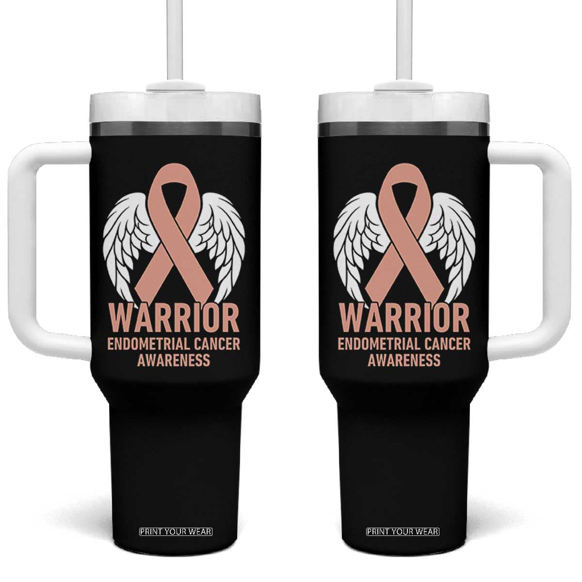 Endometrial Cancer Warrior Tumbler With Handle Peach Ribbon Angel Wings Support