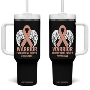 Endometrial Cancer Warrior Tumbler With Handle Peach Ribbon Angel Wings Support
