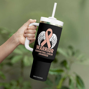 Endometrial Cancer Warrior Tumbler With Handle Peach Ribbon Angel Wings Support