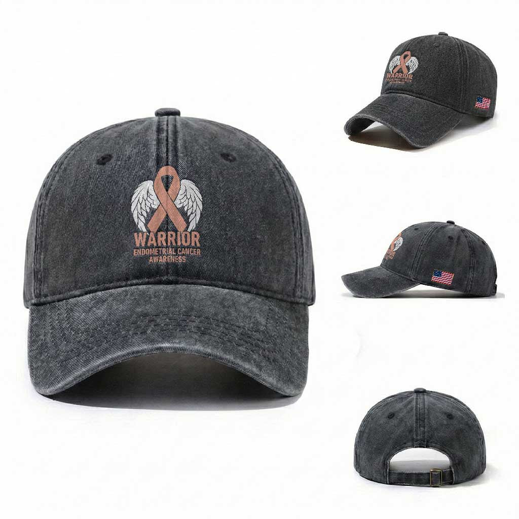 Endometrial Cancer Warrior Washed Cotton Baseball Cap Peach Ribbon Angel Wings Support