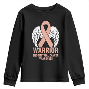 Endometrial Cancer Warrior Youth Sweatshirt Peach Ribbon Angel Wings Support