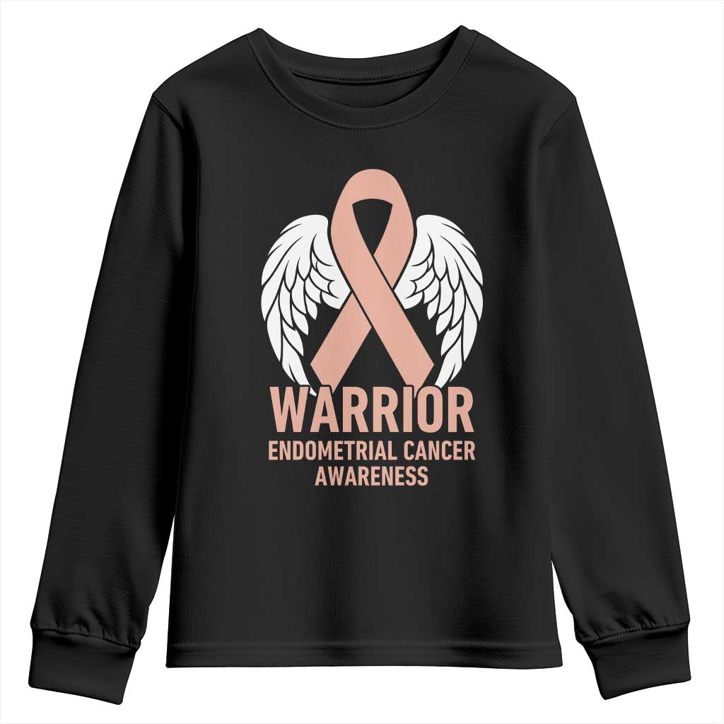 Endometrial Cancer Warrior Youth Sweatshirt Peach Ribbon Angel Wings Support TS12 Black Print Your Wear