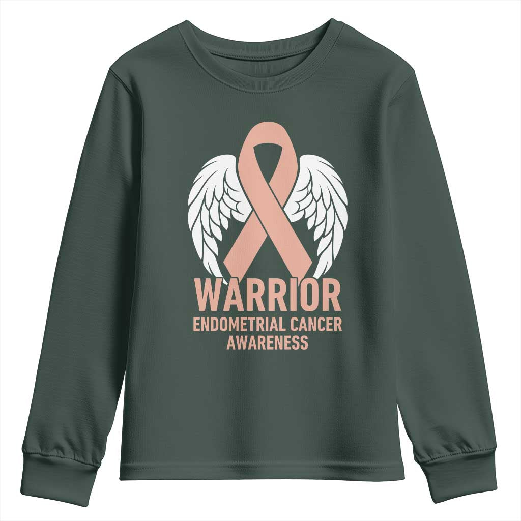 Endometrial Cancer Warrior Youth Sweatshirt Peach Ribbon Angel Wings Support