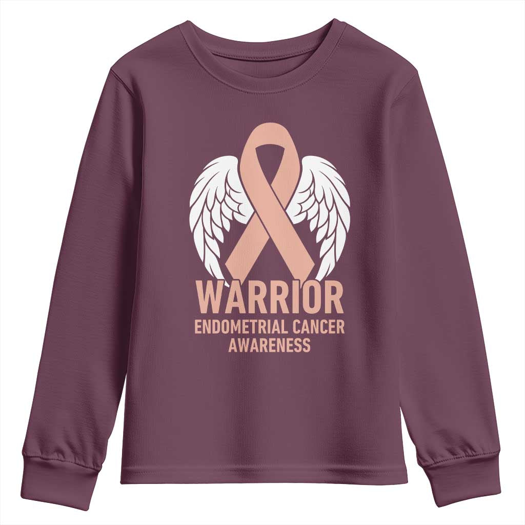 Endometrial Cancer Warrior Youth Sweatshirt Peach Ribbon Angel Wings Support