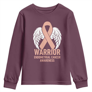Endometrial Cancer Warrior Youth Sweatshirt Peach Ribbon Angel Wings Support