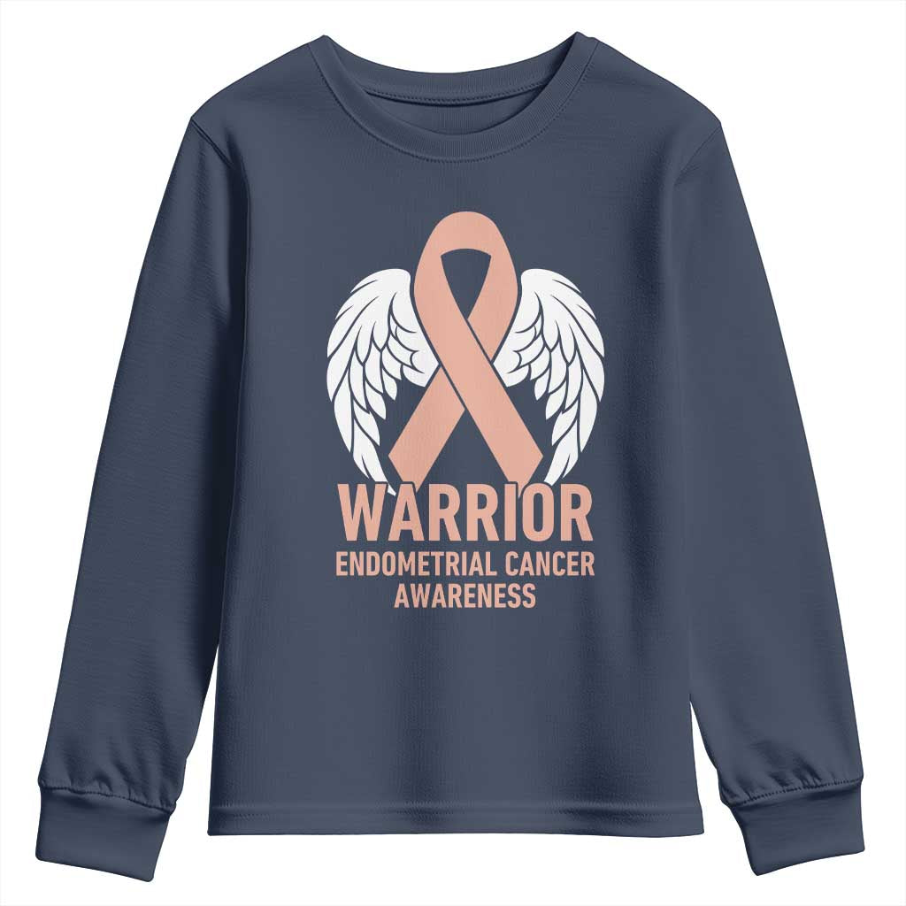 Endometrial Cancer Warrior Youth Sweatshirt Peach Ribbon Angel Wings Support