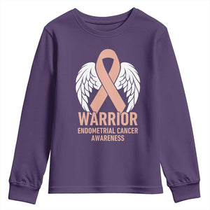 Endometrial Cancer Warrior Youth Sweatshirt Peach Ribbon Angel Wings Support
