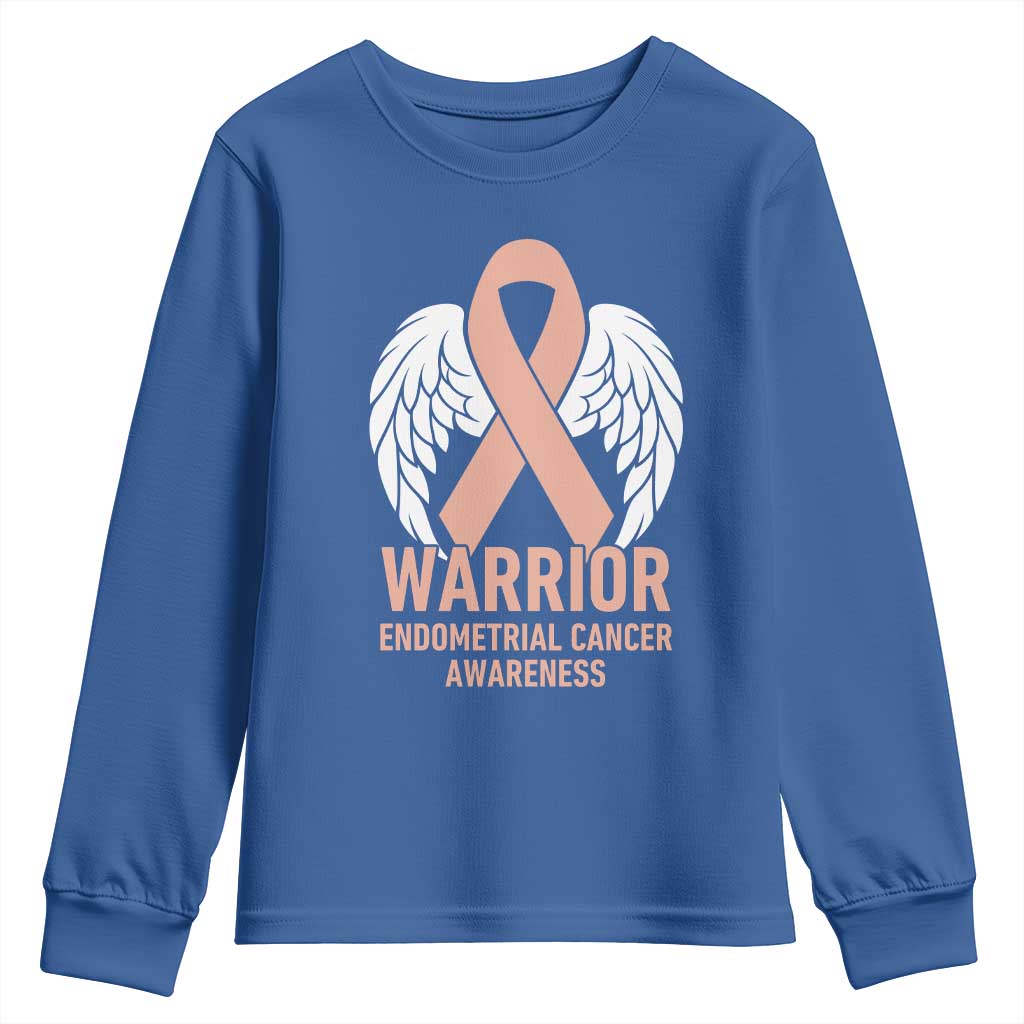 Endometrial Cancer Warrior Youth Sweatshirt Peach Ribbon Angel Wings Support