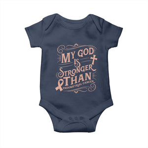 Christian Faith Peach Ribbon Baby Onesie My God Is Stronger Than Endometrial Cancer