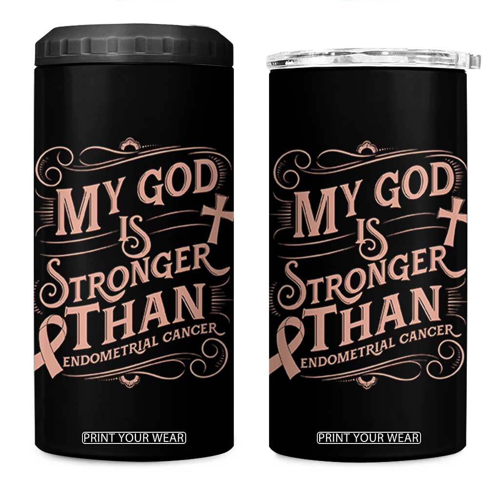 Christian Faith Peach Ribbon 4 in 1 Can Cooler Tumbler My God Is Stronger Than Endometrial Cancer