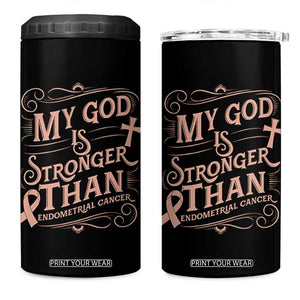 Christian Faith Peach Ribbon 4 in 1 Can Cooler Tumbler My God Is Stronger Than Endometrial Cancer