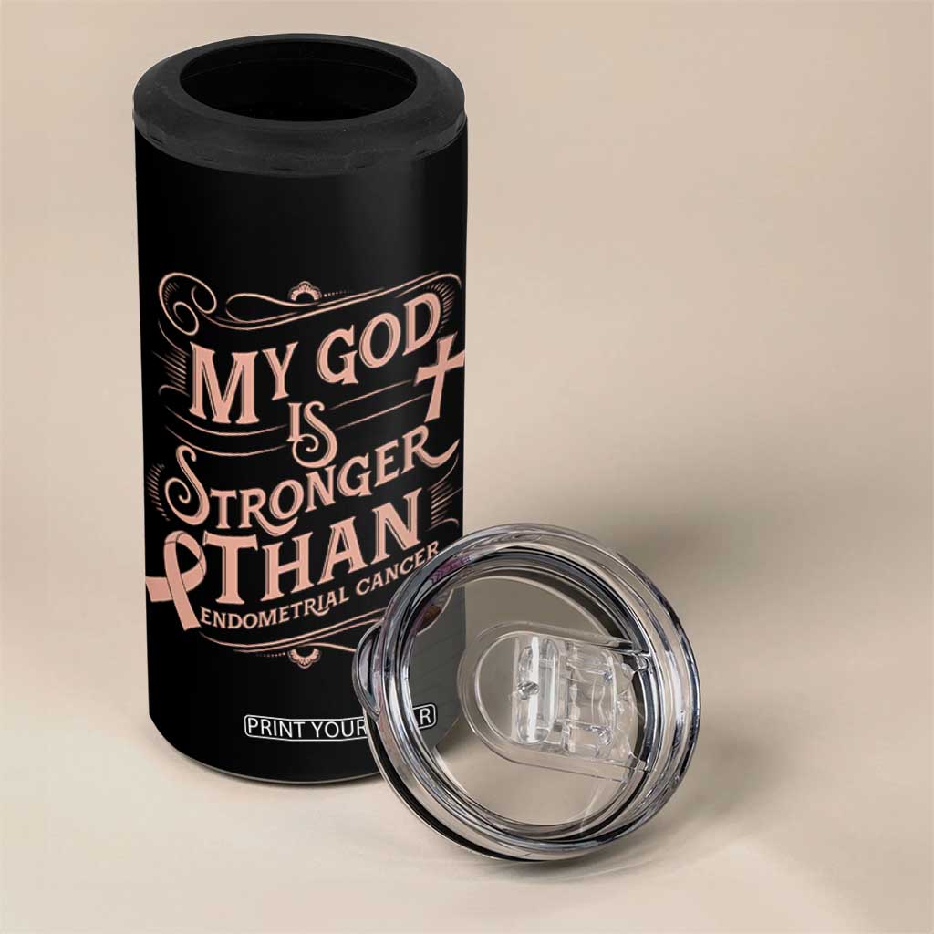 Christian Faith Peach Ribbon 4 in 1 Can Cooler Tumbler My God Is Stronger Than Endometrial Cancer