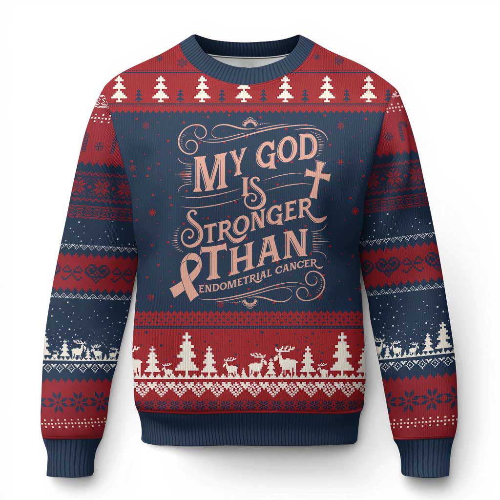 Christian Faith Peach Ribbon Ugly Christmas Sweater My God Is Stronger Than Endometrial Cancer TS12 Navy Red Print Your Wear