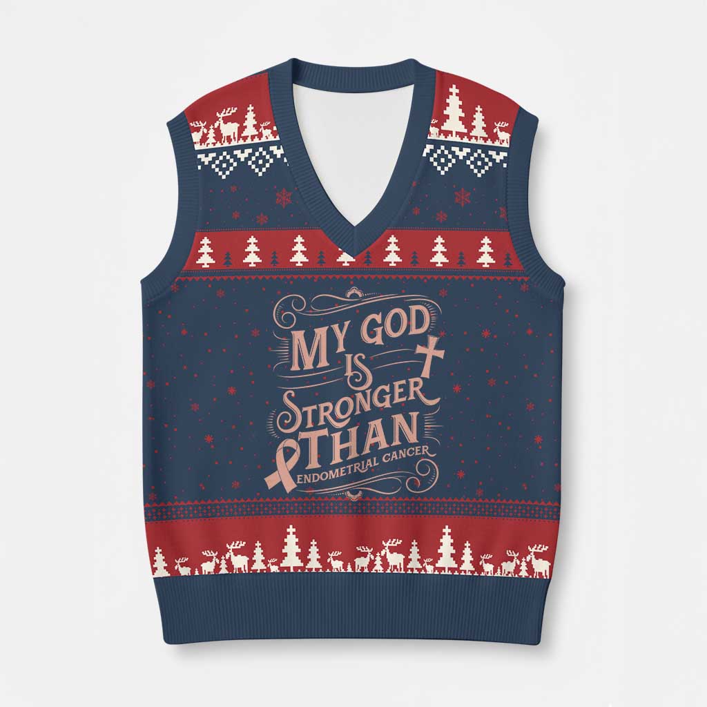 Christian Faith Peach Ribbon V-Neck Knit Sweater Vest My God Is Stronger Than Endometrial Cancer