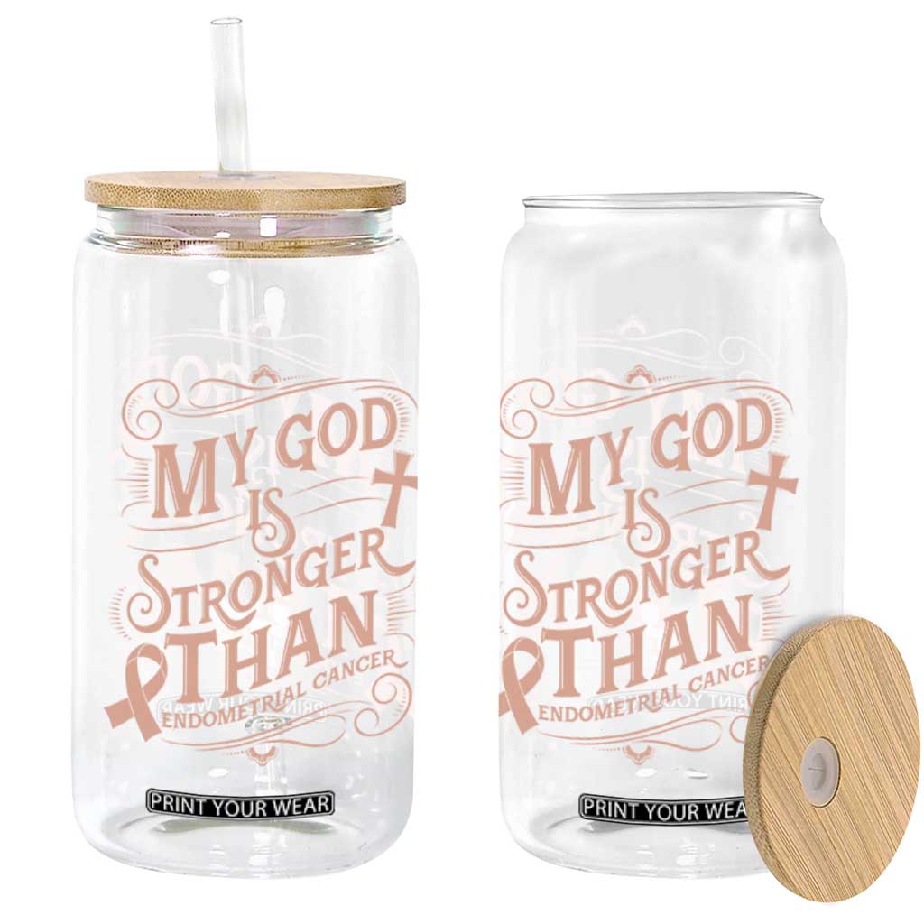 Christian Faith Peach Ribbon Glass Can My God Is Stronger Than Endometrial Cancer
