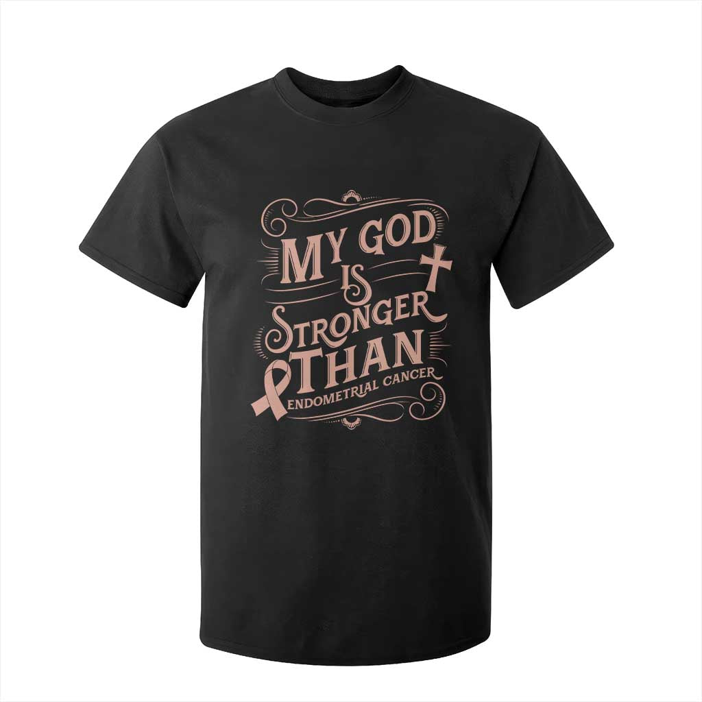 Christian Faith Peach Ribbon T Shirt For Kid My God Is Stronger Than Endometrial Cancer