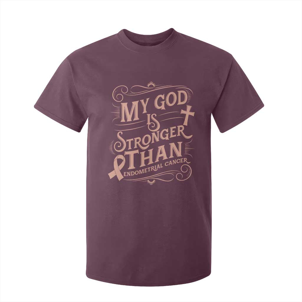 Christian Faith Peach Ribbon T Shirt For Kid My God Is Stronger Than Endometrial Cancer