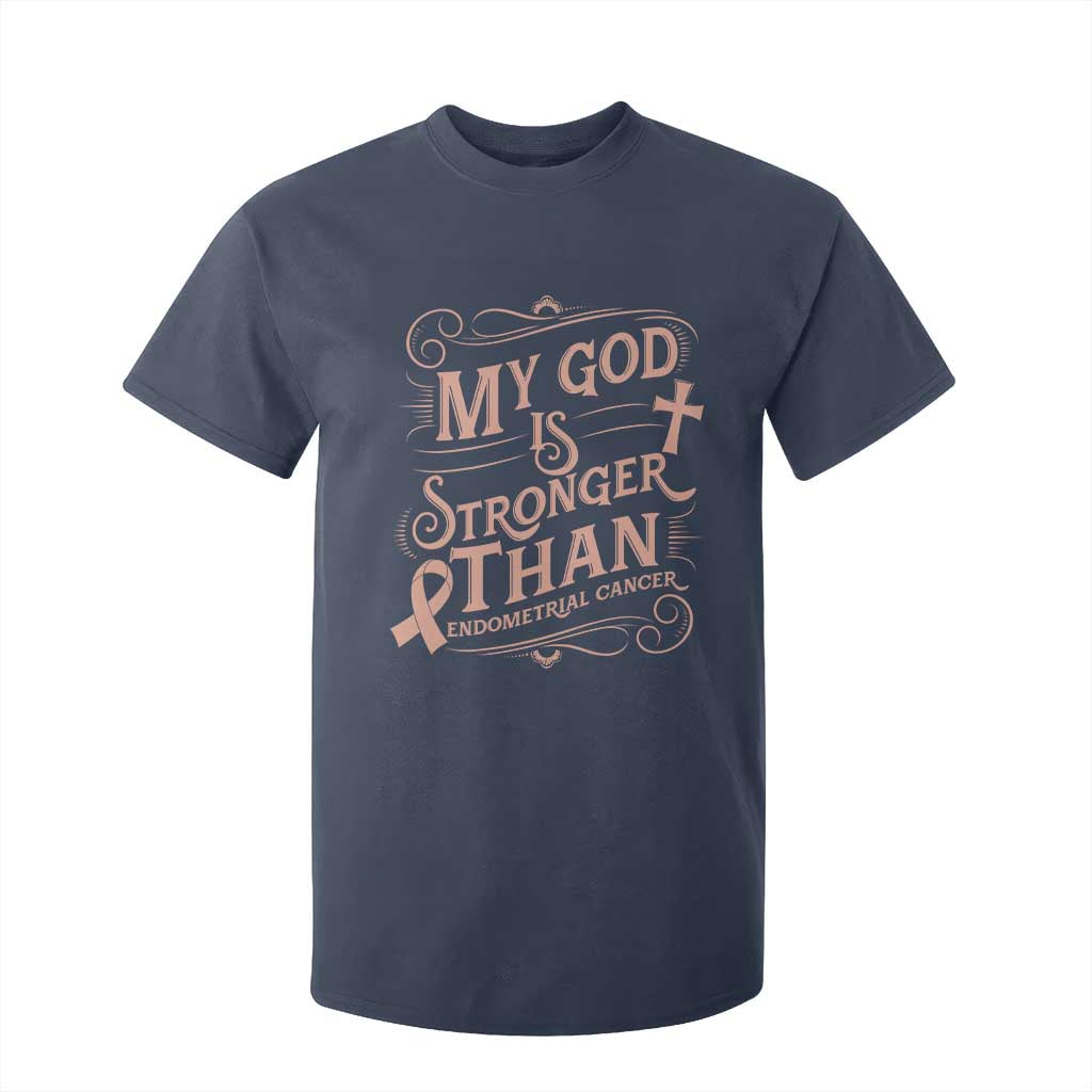 Christian Faith Peach Ribbon T Shirt For Kid My God Is Stronger Than Endometrial Cancer