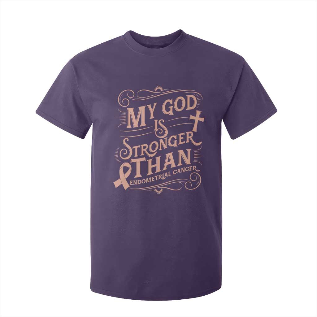 Christian Faith Peach Ribbon T Shirt For Kid My God Is Stronger Than Endometrial Cancer