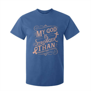 Christian Faith Peach Ribbon T Shirt For Kid My God Is Stronger Than Endometrial Cancer
