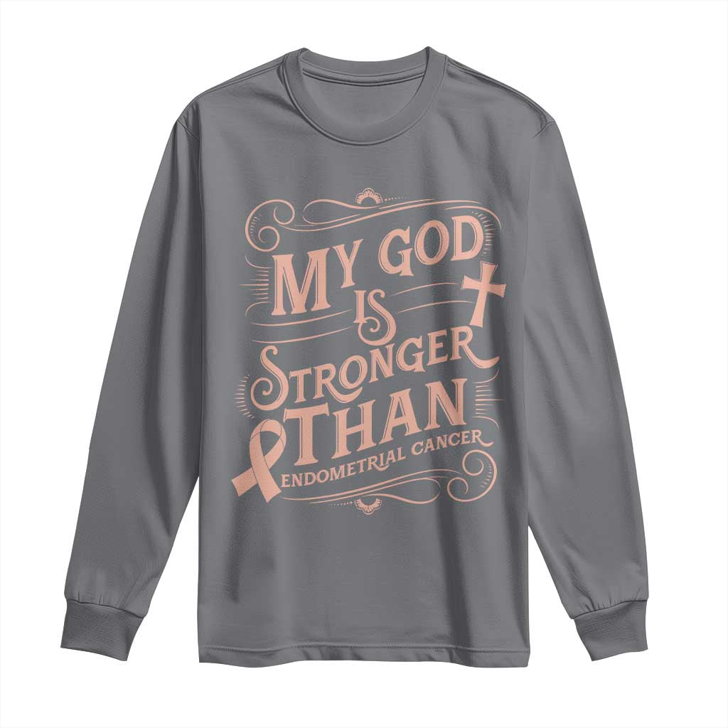 Christian Faith Peach Ribbon Long Sleeve Shirt My God Is Stronger Than Endometrial Cancer