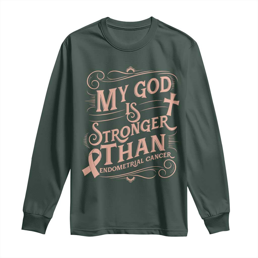 Christian Faith Peach Ribbon Long Sleeve Shirt My God Is Stronger Than Endometrial Cancer