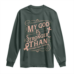 Christian Faith Peach Ribbon Long Sleeve Shirt My God Is Stronger Than Endometrial Cancer