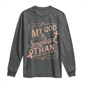 Christian Faith Peach Ribbon Long Sleeve Shirt My God Is Stronger Than Endometrial Cancer