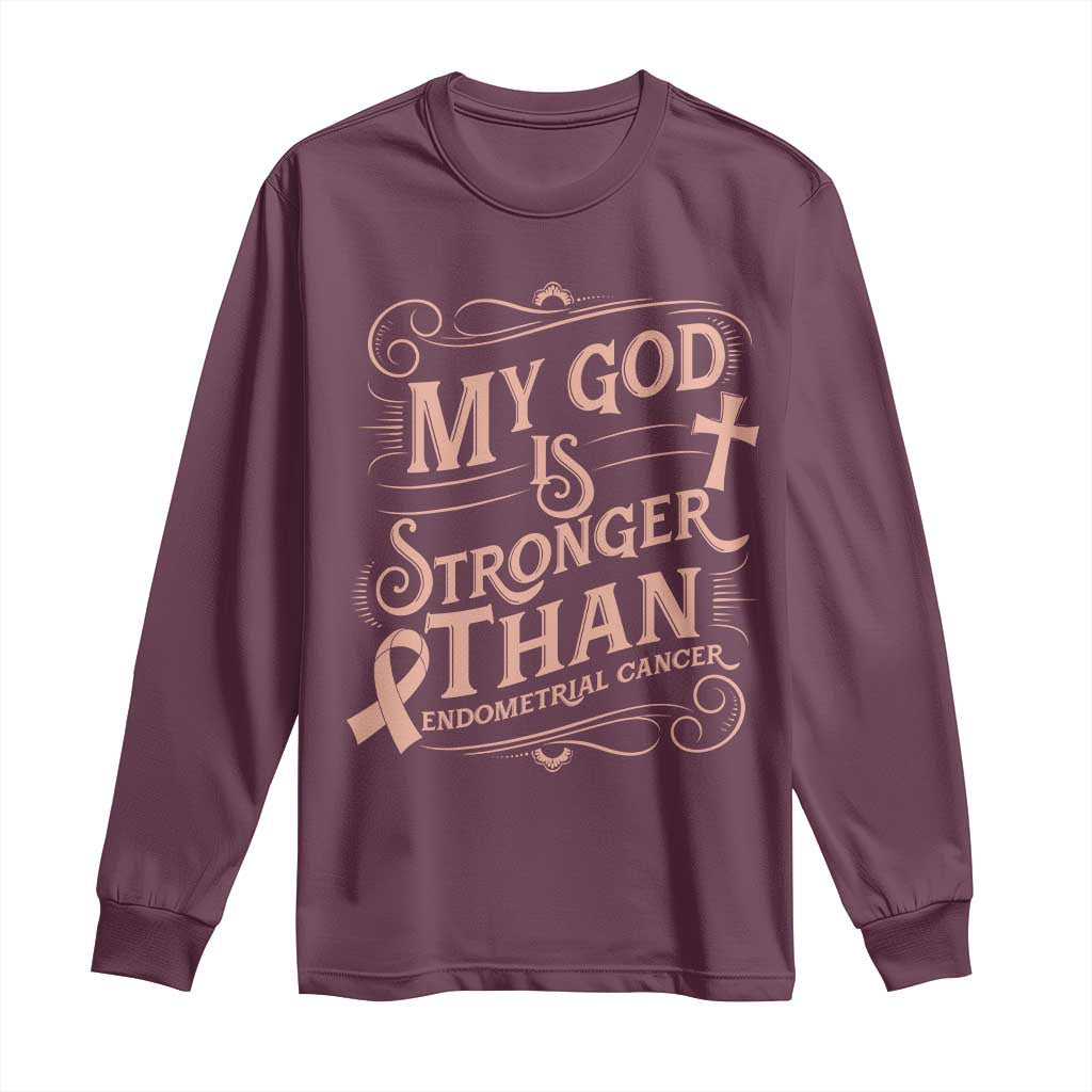 Christian Faith Peach Ribbon Long Sleeve Shirt My God Is Stronger Than Endometrial Cancer