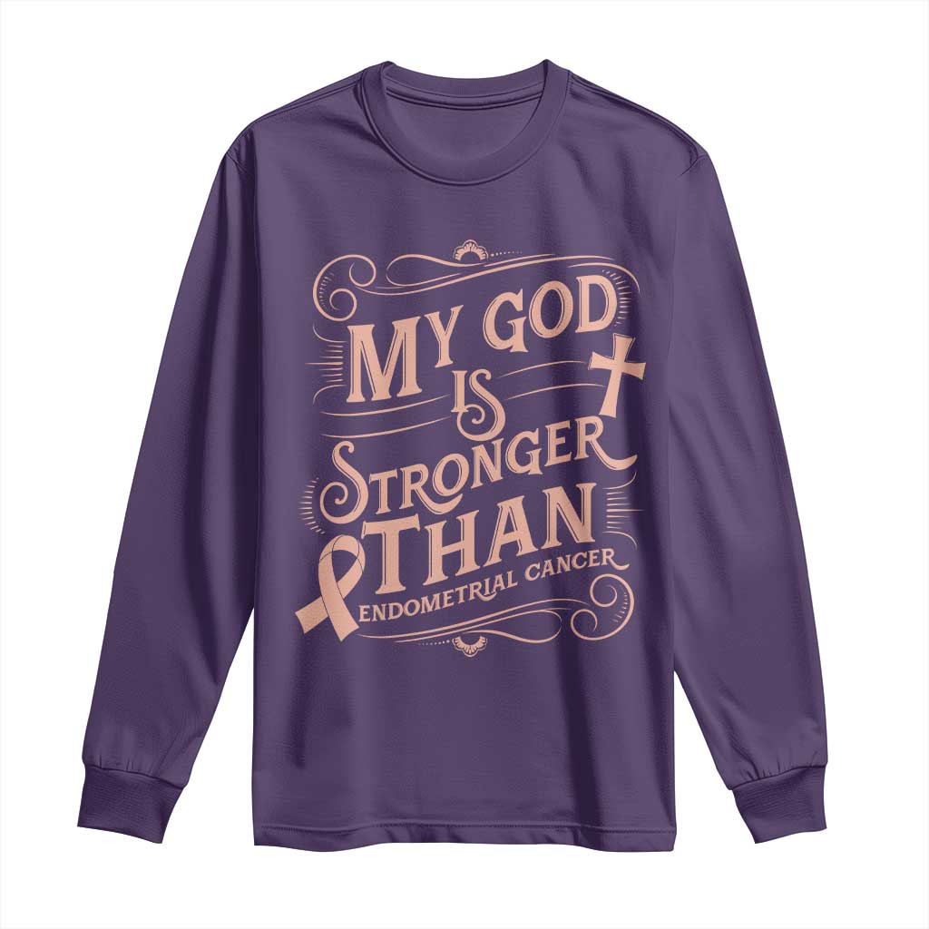 Christian Faith Peach Ribbon Long Sleeve Shirt My God Is Stronger Than Endometrial Cancer