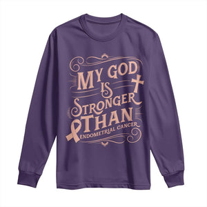 Christian Faith Peach Ribbon Long Sleeve Shirt My God Is Stronger Than Endometrial Cancer