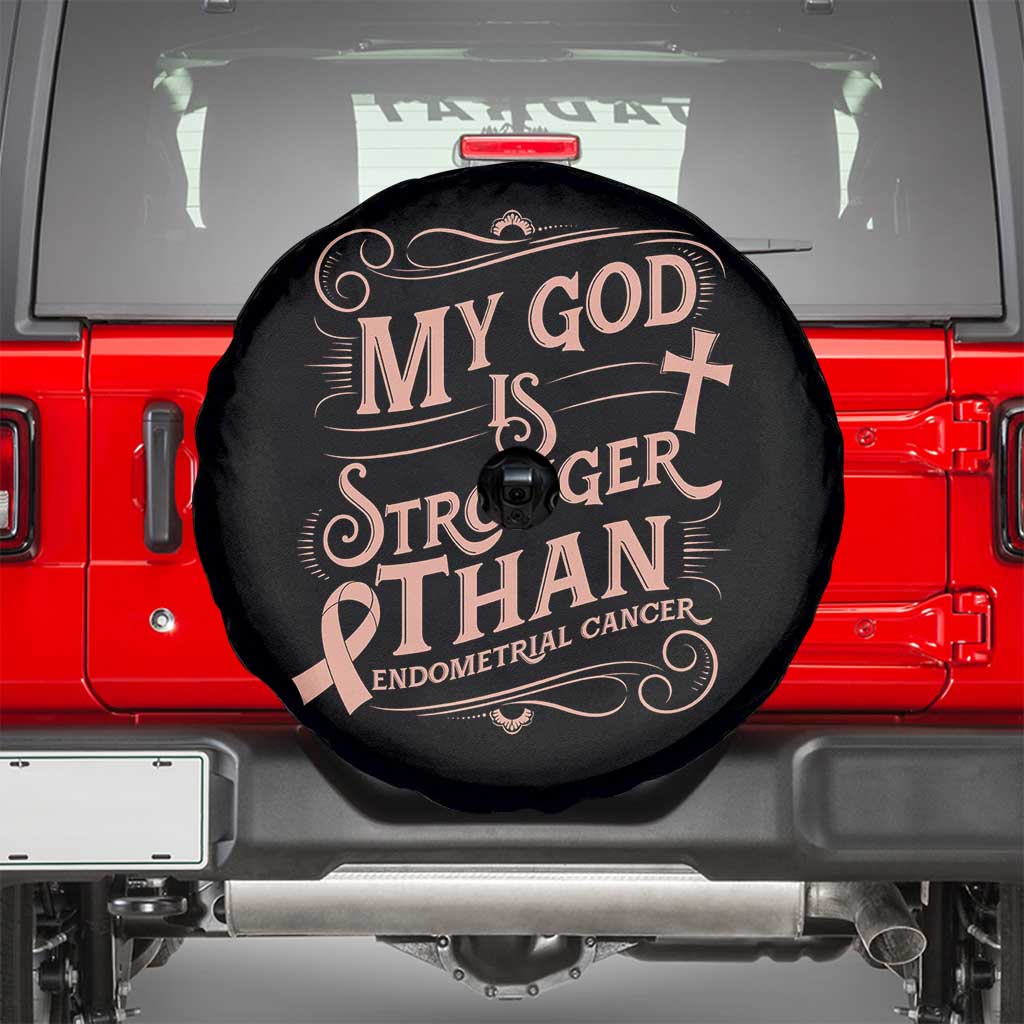 Christian Faith Peach Ribbon Spare Tire Cover My God Is Stronger Than Endometrial Cancer