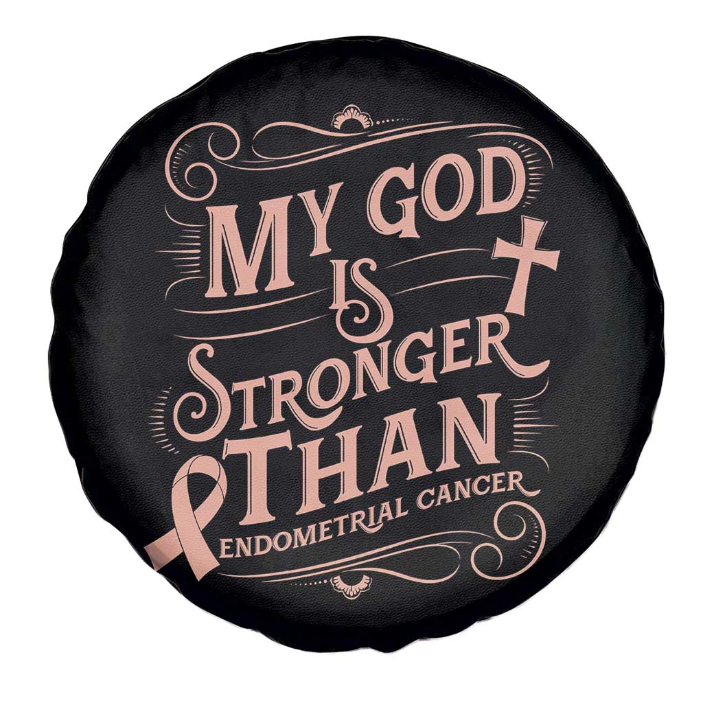 Christian Faith Peach Ribbon Spare Tire Cover My God Is Stronger Than Endometrial Cancer