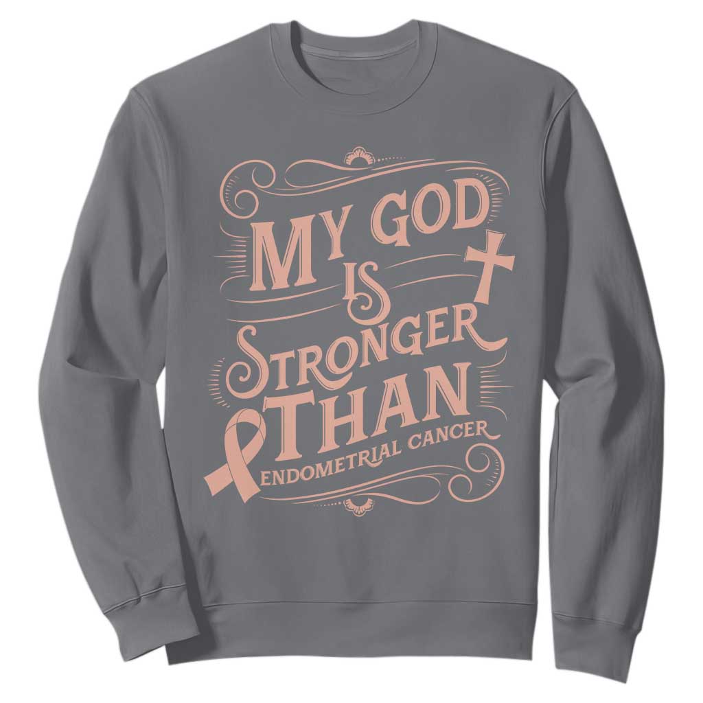 Christian Faith Peach Ribbon Sweatshirt My God Is Stronger Than Endometrial Cancer