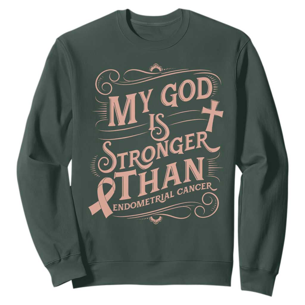 Christian Faith Peach Ribbon Sweatshirt My God Is Stronger Than Endometrial Cancer