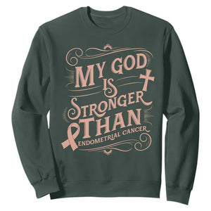 Christian Faith Peach Ribbon Sweatshirt My God Is Stronger Than Endometrial Cancer