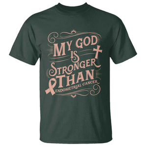 Christian Faith Peach Ribbon T Shirt My God Is Stronger Than Endometrial Cancer