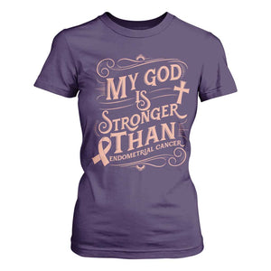 Christian Faith Peach Ribbon T Shirt For Women My God Is Stronger Than Endometrial Cancer