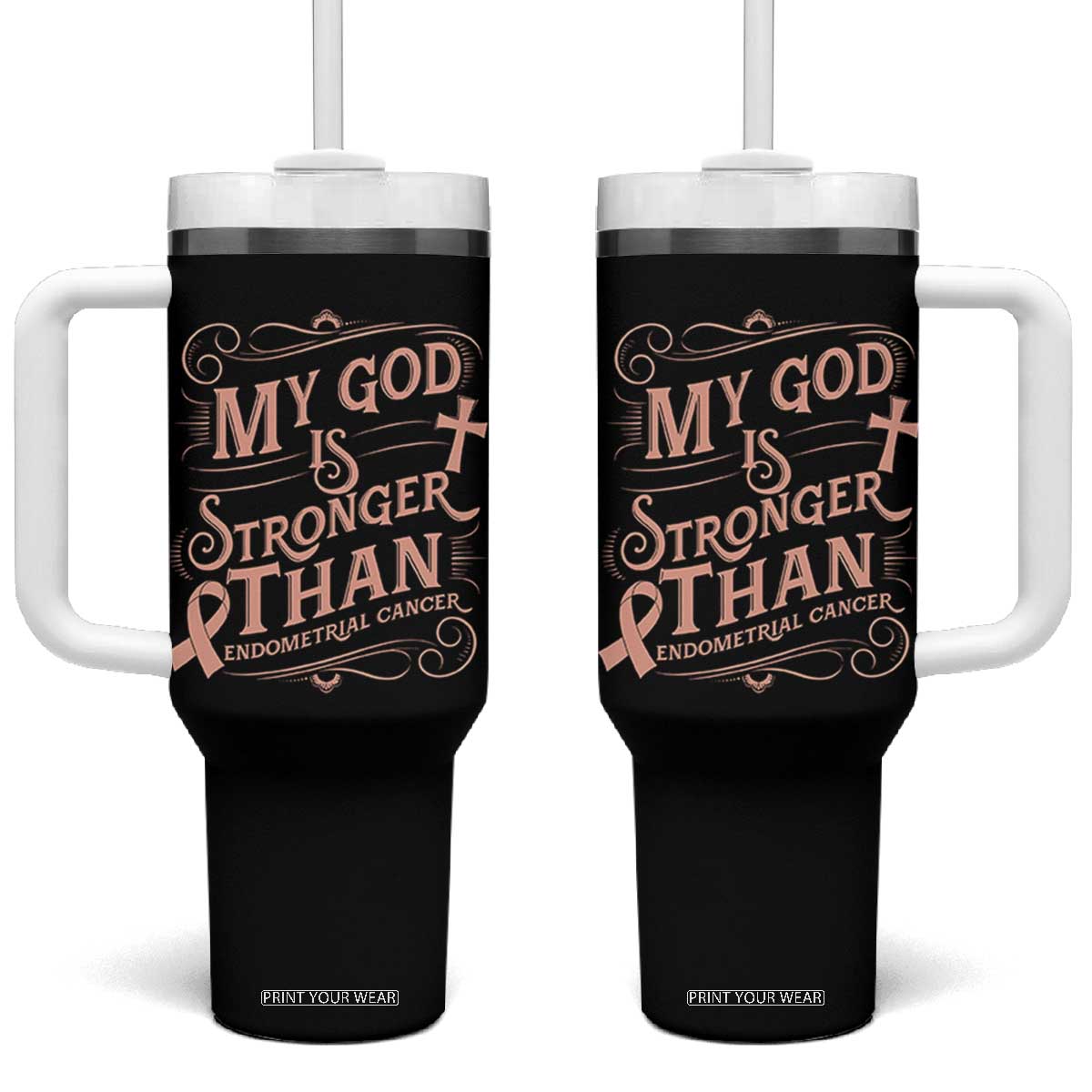 Christian Faith Peach Ribbon Tumbler With Handle My God Is Stronger Than Endometrial Cancer