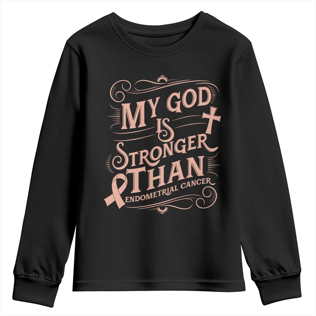 Christian Faith Peach Ribbon Youth Sweatshirt My God Is Stronger Than Endometrial Cancer