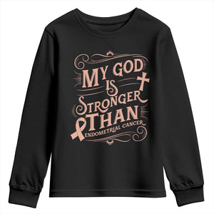 Christian Faith Peach Ribbon Youth Sweatshirt My God Is Stronger Than Endometrial Cancer
