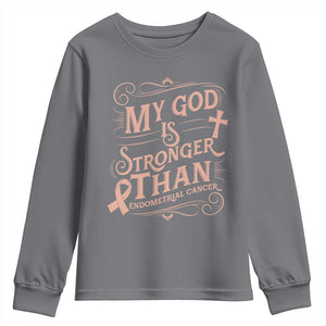 Christian Faith Peach Ribbon Youth Sweatshirt My God Is Stronger Than Endometrial Cancer