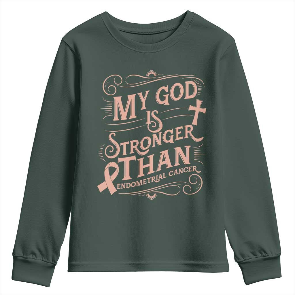 Christian Faith Peach Ribbon Youth Sweatshirt My God Is Stronger Than Endometrial Cancer