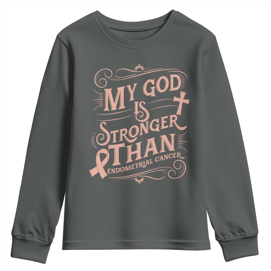 Christian Faith Peach Ribbon Youth Sweatshirt My God Is Stronger Than Endometrial Cancer