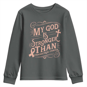 Christian Faith Peach Ribbon Youth Sweatshirt My God Is Stronger Than Endometrial Cancer